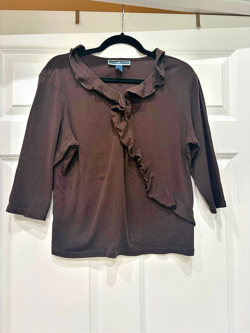 Karen Scott Ruffle Front Blouse Brown PXL